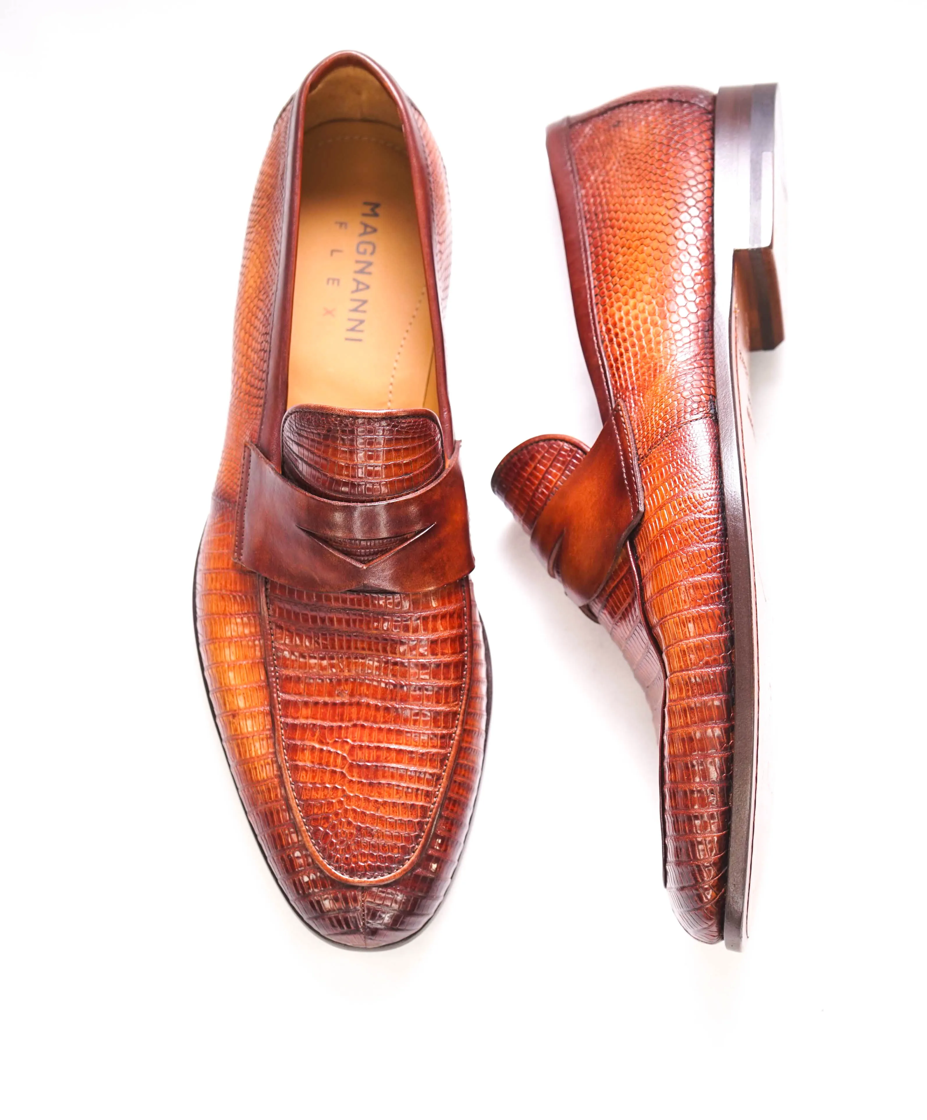$825 MAGNANNI - "FLEX" MADE IN SPAIN Genuine Lizard Brown Loafers - 8