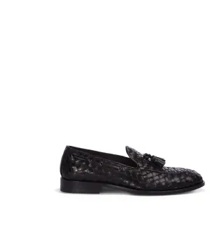 Black woven leather boat loafers