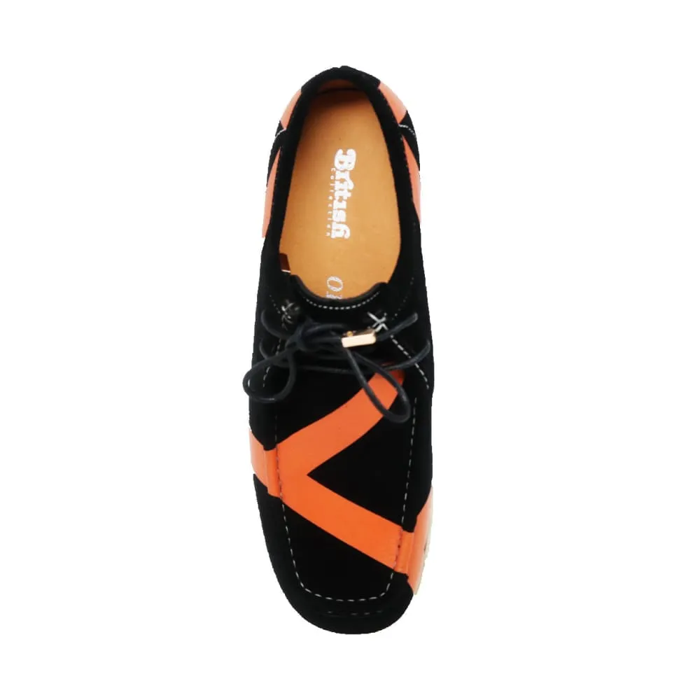British Walkers Walker Low Stripe Wallabee Style Men's Black and Orange Striped Suede Crepe Soles