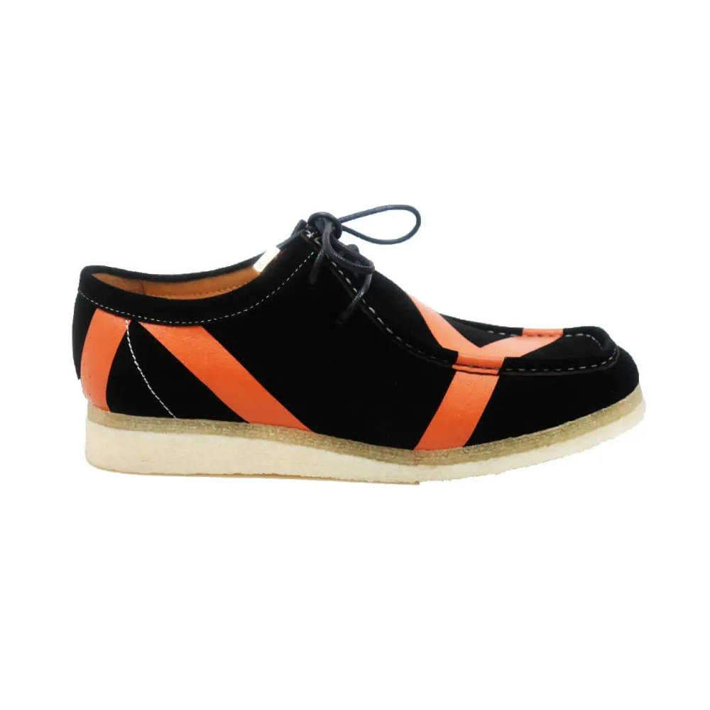 British Walkers Walker Low Stripe Wallabee Style Men's Black and Orange Striped Suede Crepe Soles