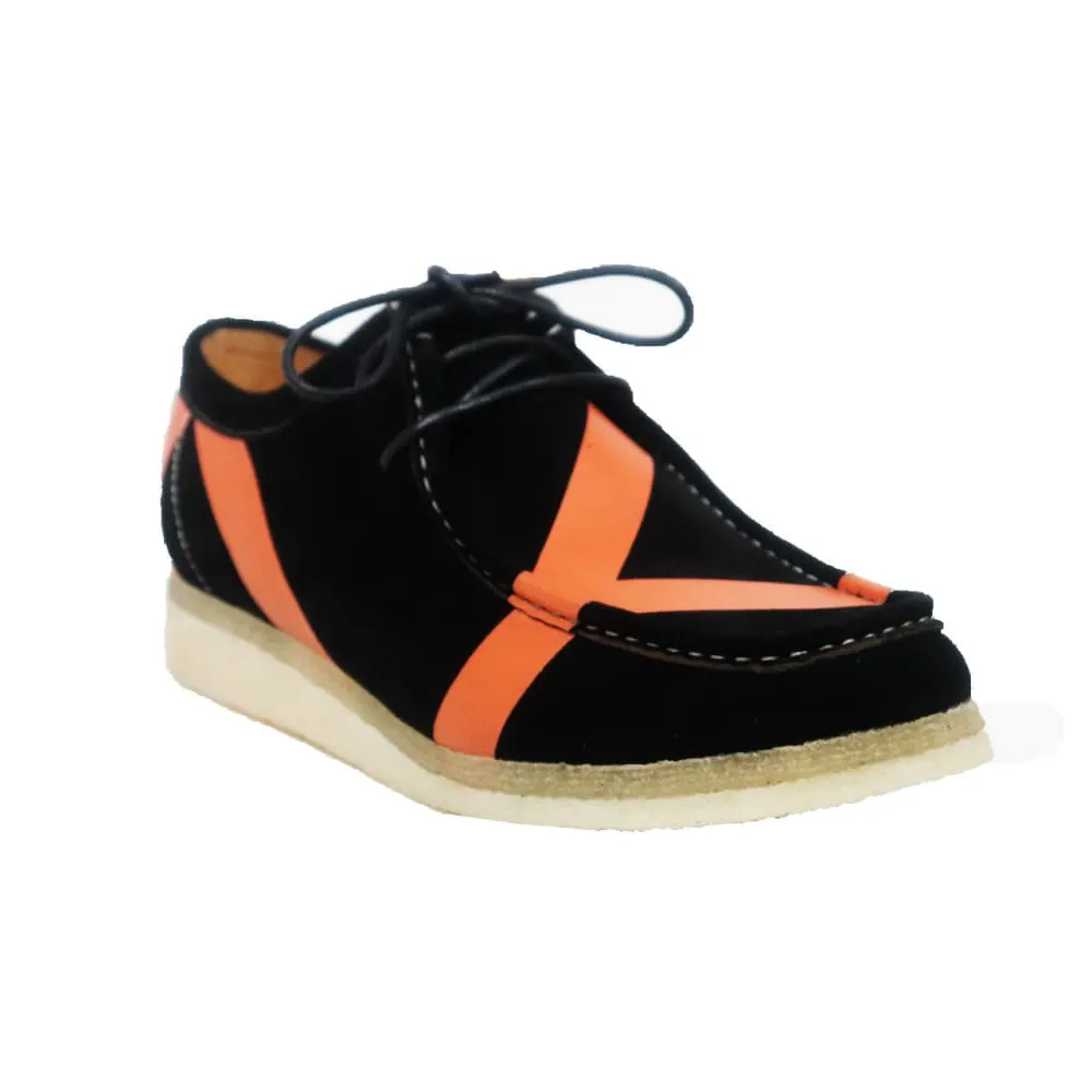 British Walkers Walker Low Stripe Wallabee Style Men's Black and Orange Striped Suede Crepe Soles