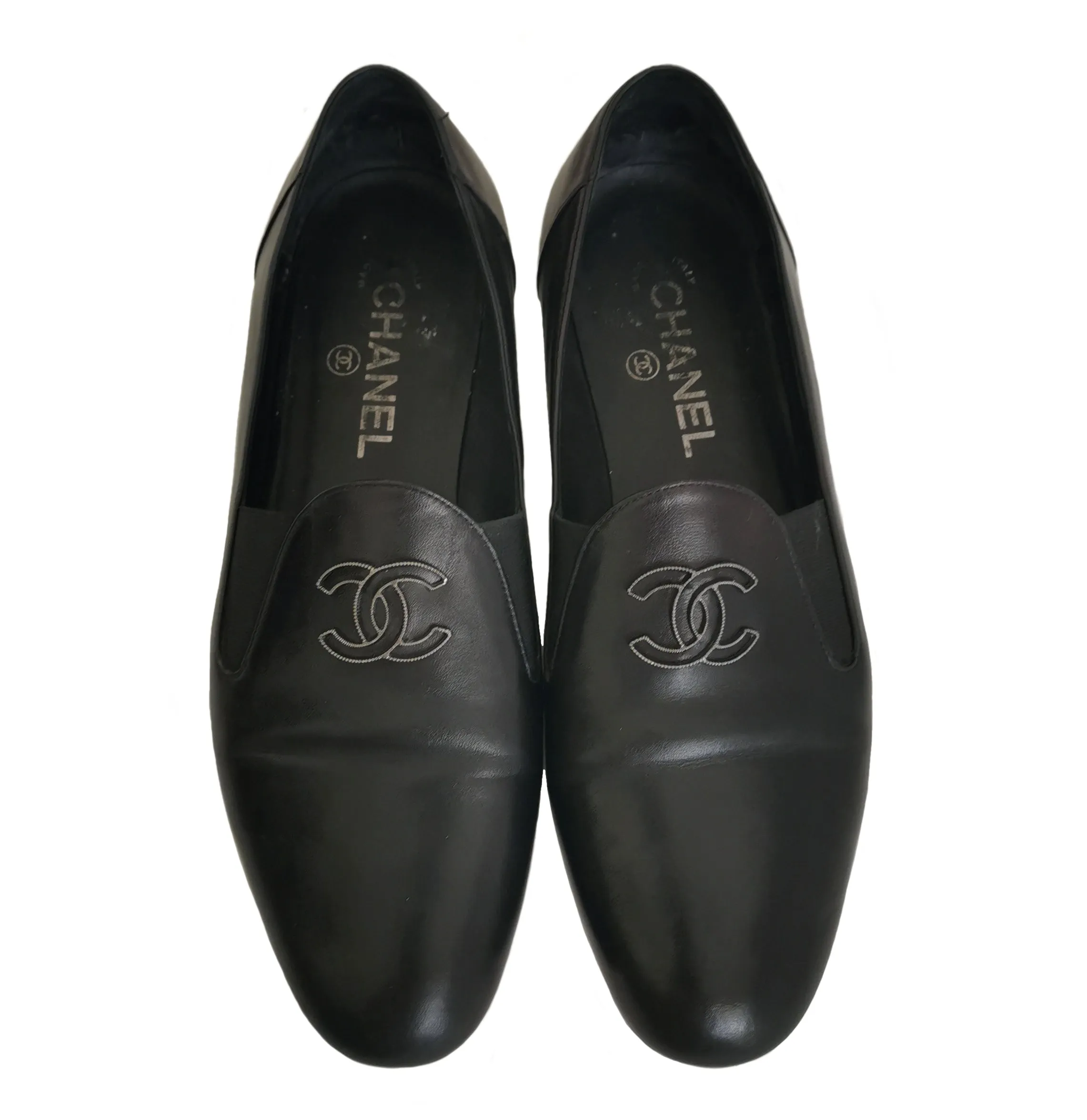 CHANEL BLACK LEATHER MOCASSINS LOAFERS (38.5)