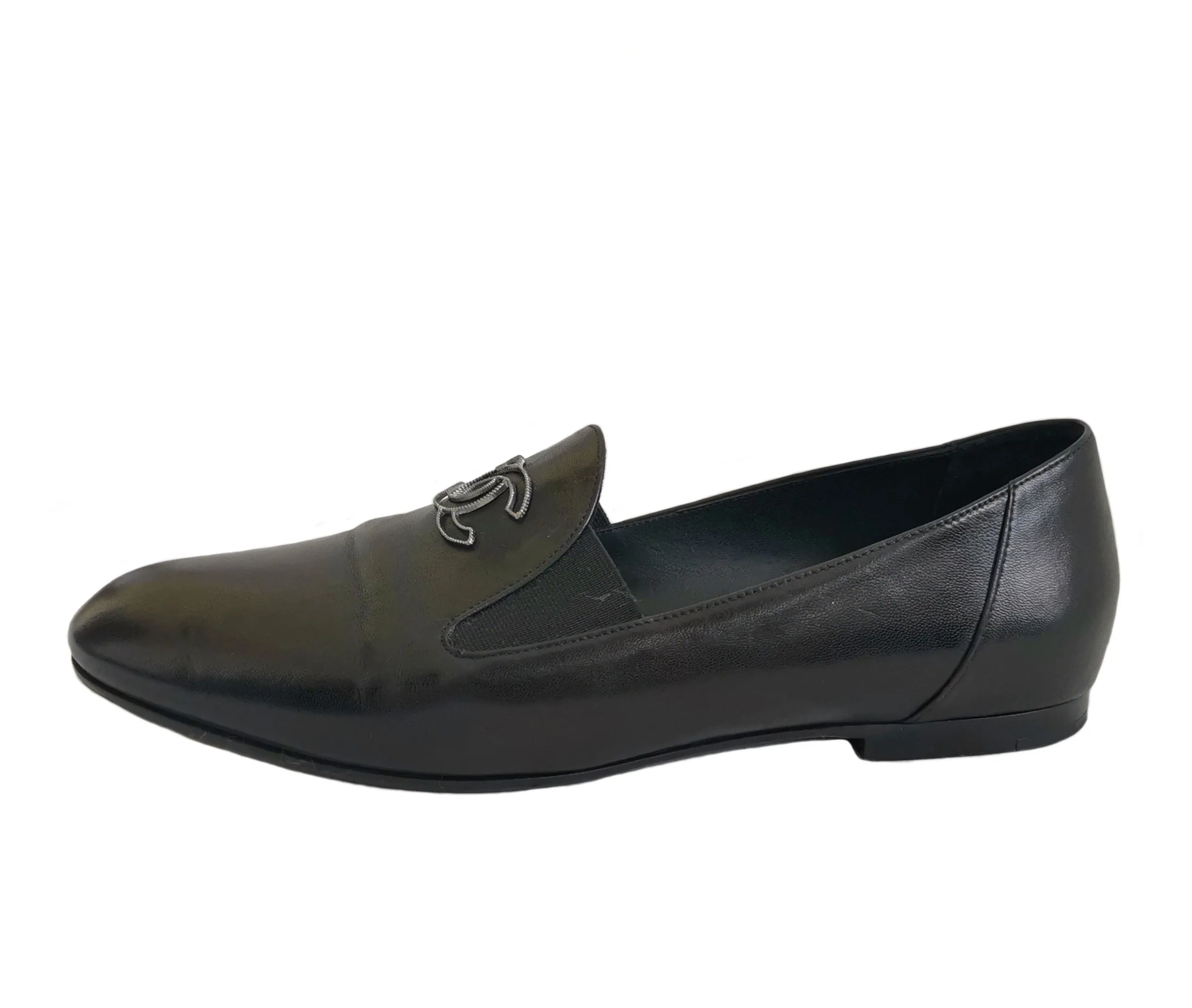 CHANEL BLACK LEATHER MOCASSINS LOAFERS (38.5)