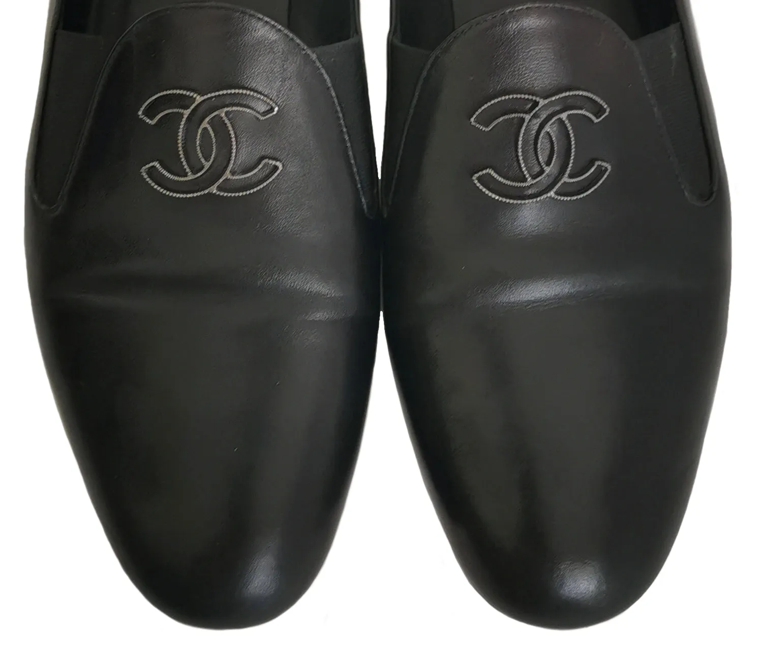 CHANEL BLACK LEATHER MOCASSINS LOAFERS (38.5)