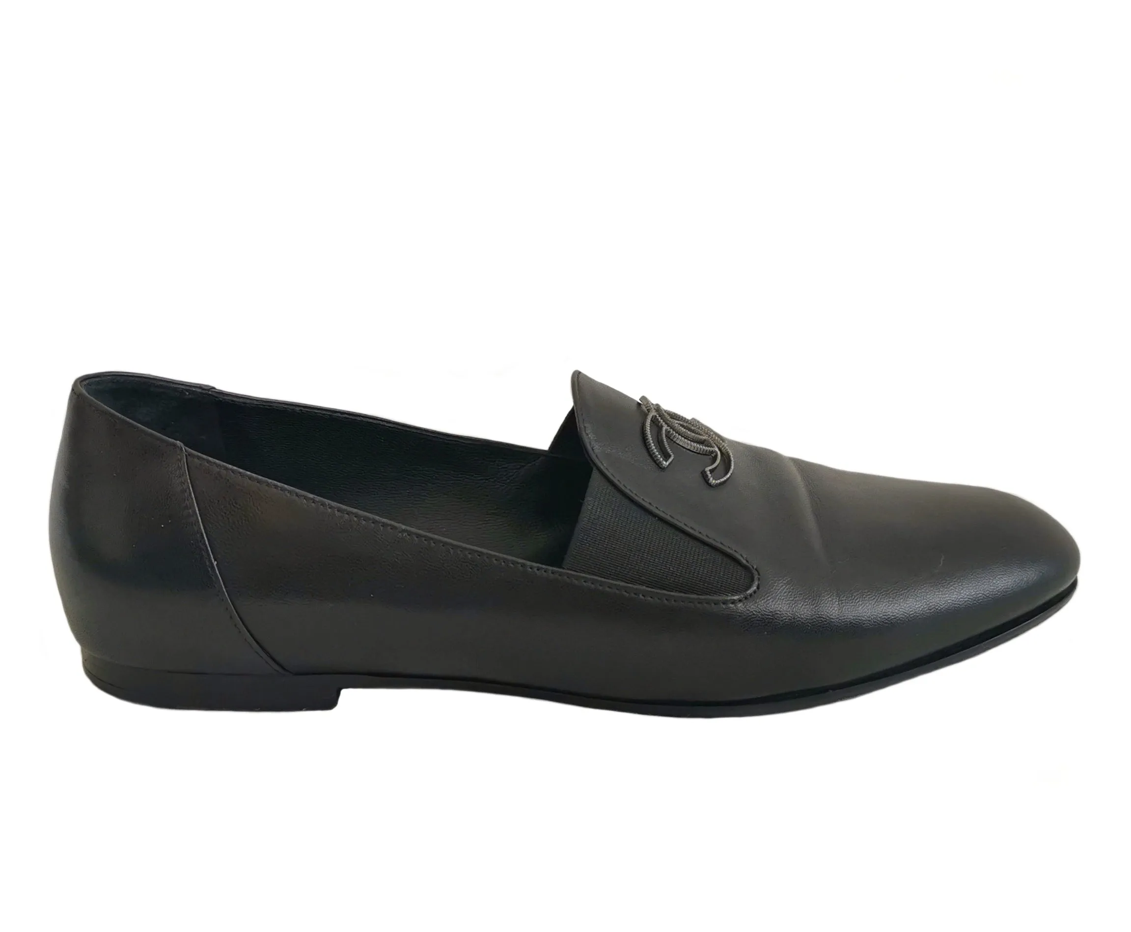 CHANEL BLACK LEATHER MOCASSINS LOAFERS (38.5)