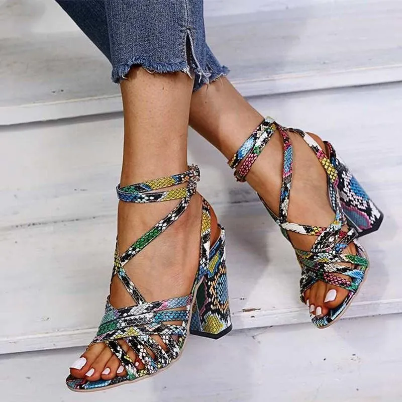 Chicvane Multicolor Snakeskin Print Chunky Heel Sandals