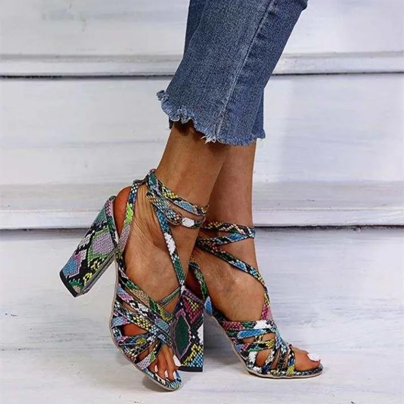 Chicvane Multicolor Snakeskin Print Chunky Heel Sandals