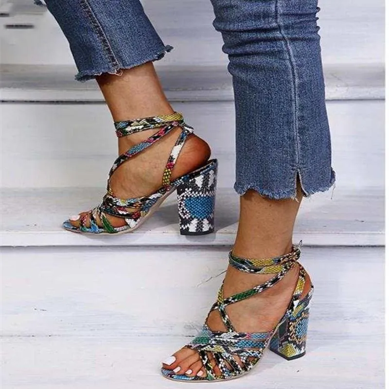 Chicvane Multicolor Snakeskin Print Chunky Heel Sandals