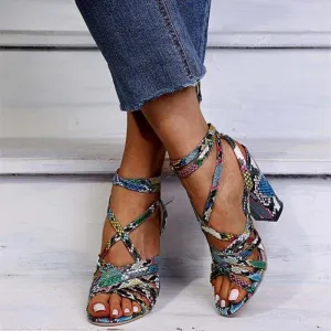 Chicvane Multicolor Snakeskin Print Chunky Heel Sandals