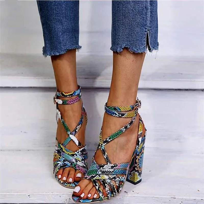 Chicvane Multicolor Snakeskin Print Chunky Heel Sandals