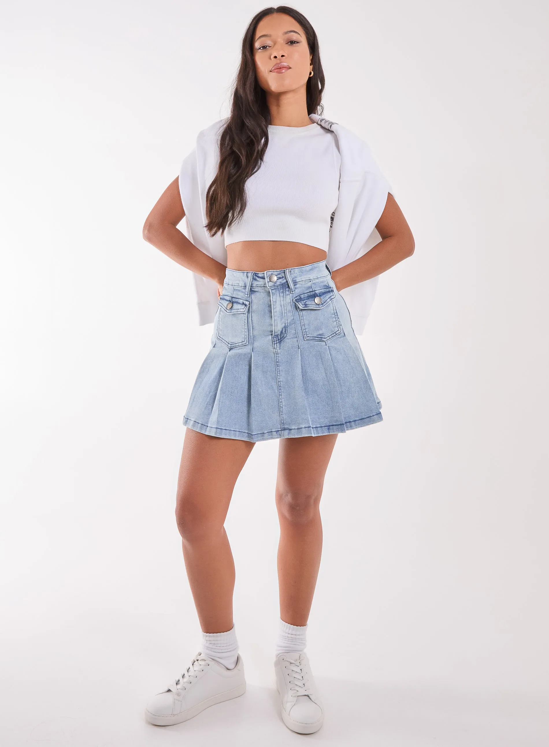 Denim Pleated Mini Skirt