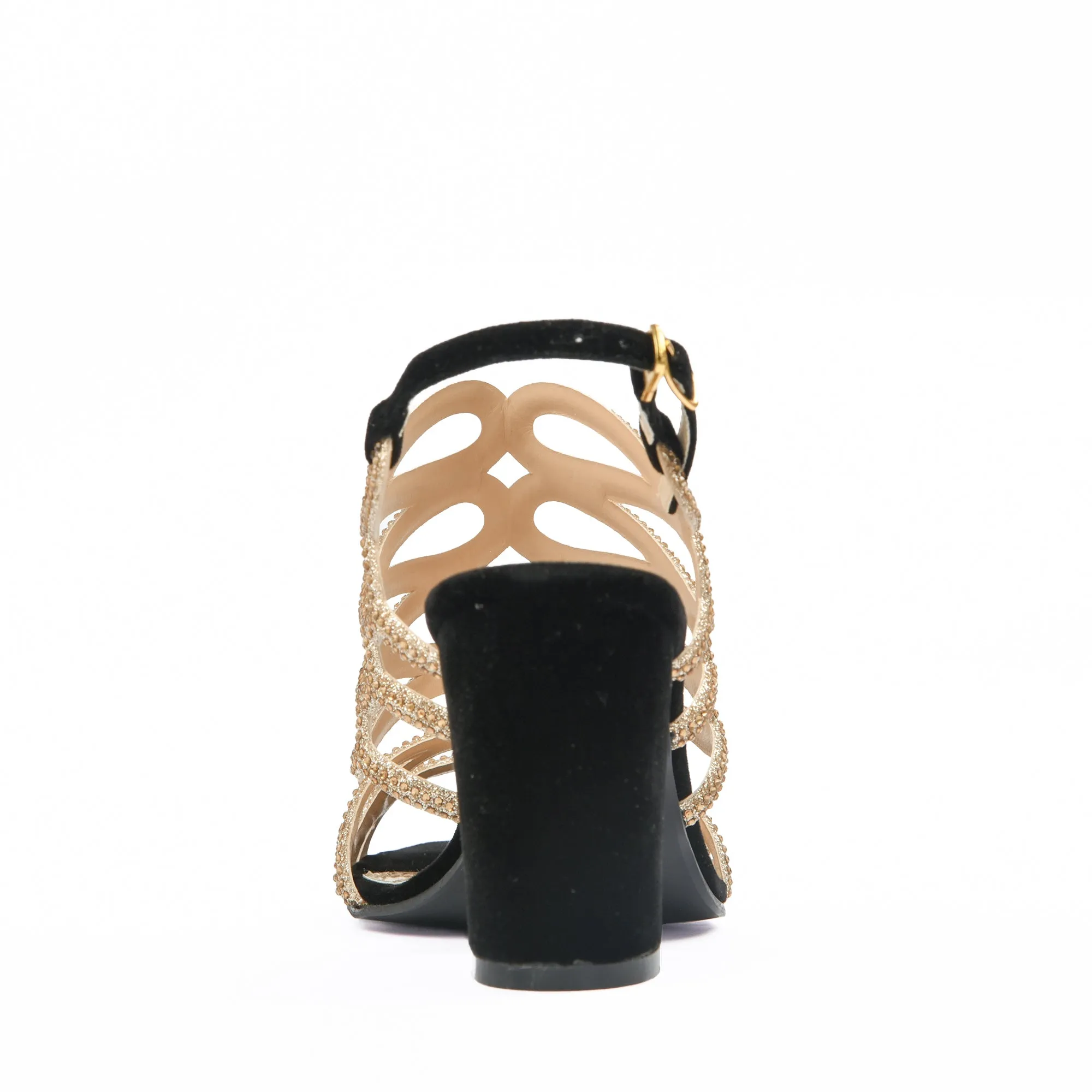 Elegant Black Block Heel Sandals with Gold Strappy Design | 264C-C