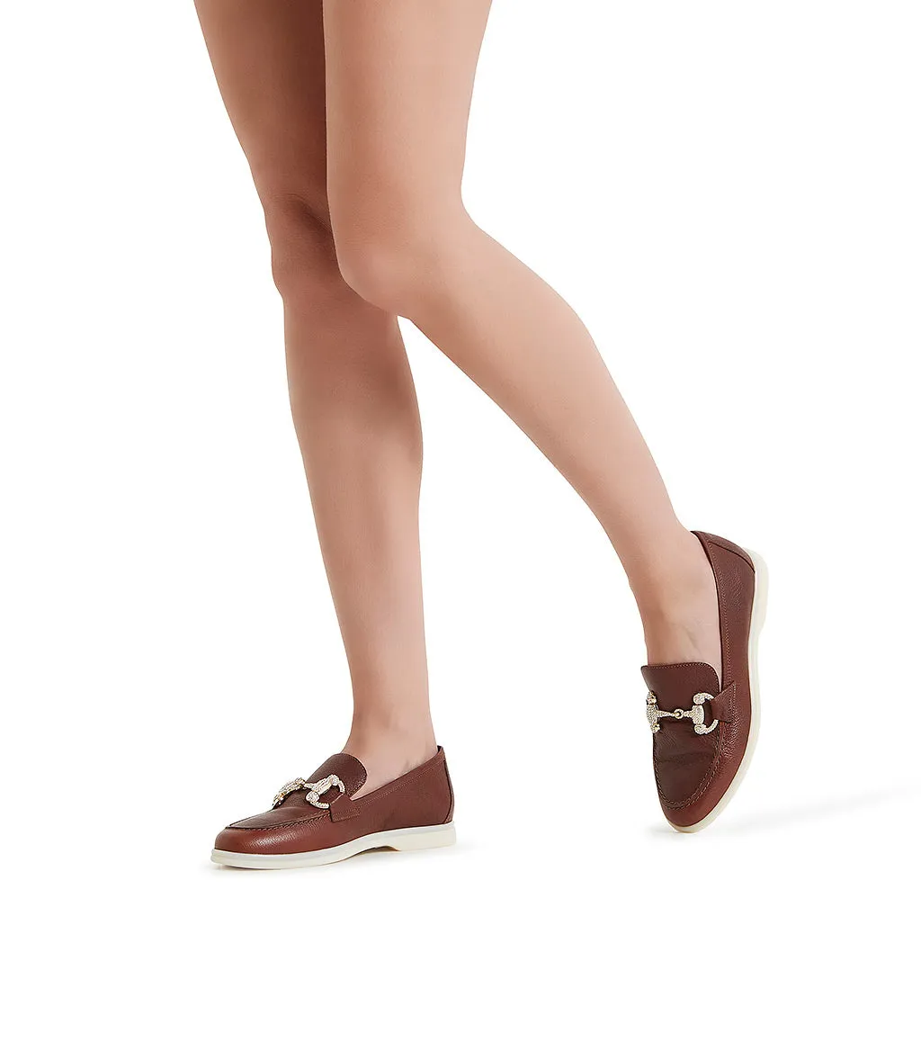 Jewel-buckle chestnut-tone chevre leather loafers