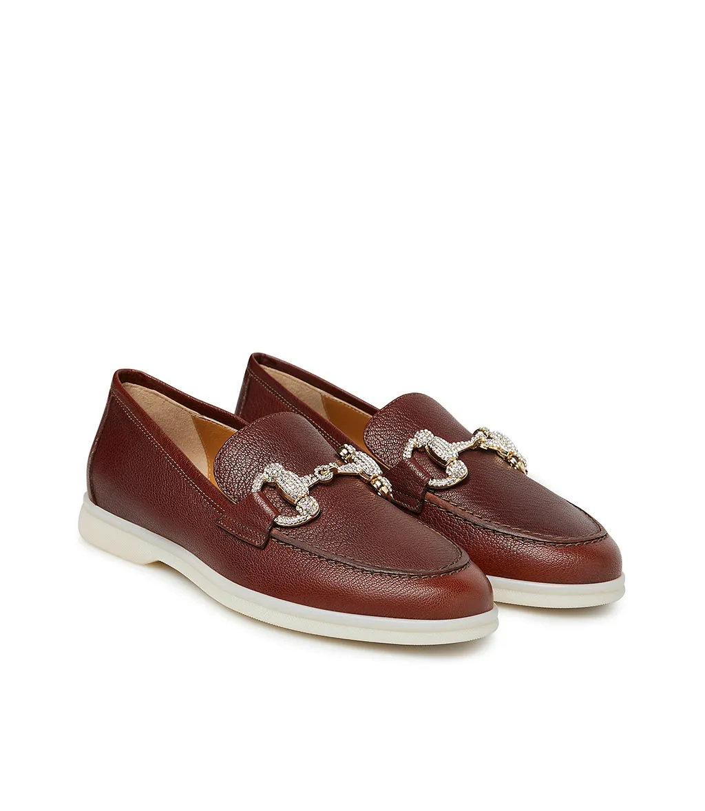 Jewel-buckle chestnut-tone chevre leather loafers