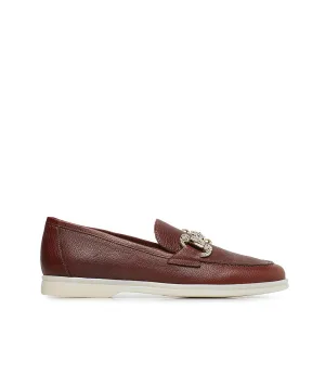 Jewel-buckle chestnut-tone chevre leather loafers