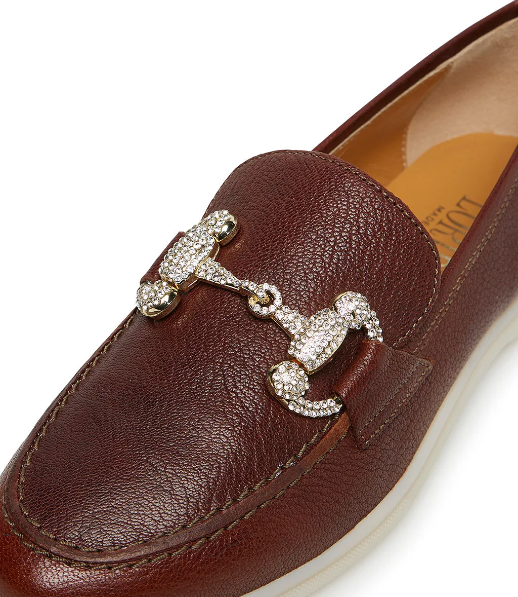 Jewel-buckle chestnut-tone chevre leather loafers