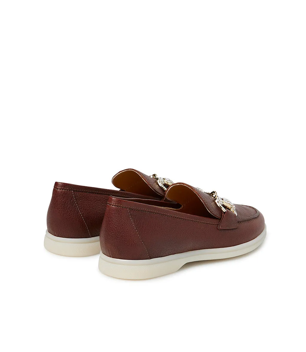 Jewel-buckle chestnut-tone chevre leather loafers