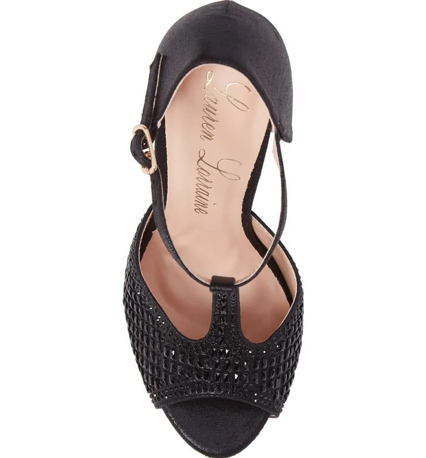 Lauren Lorraine Vivian Black Crystal Embellished T-Strap High Heel Pump Sandal