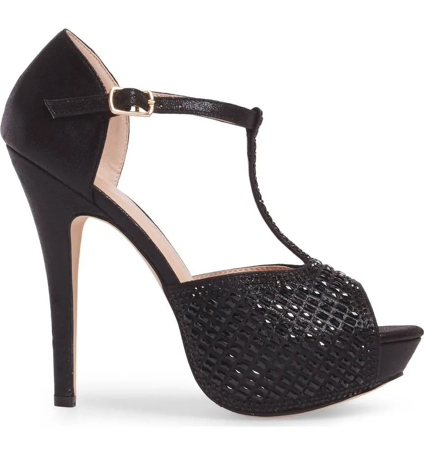 Lauren Lorraine Vivian Black Crystal Embellished T-Strap High Heel Pump Sandal