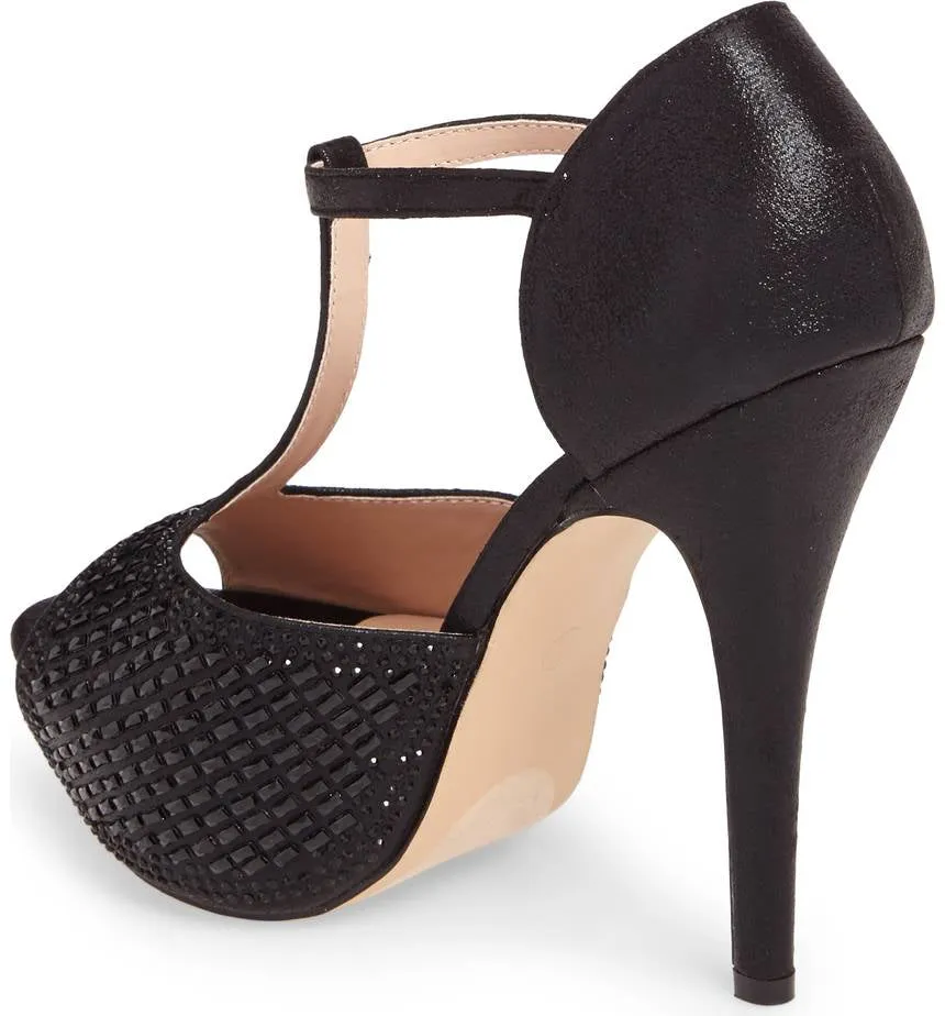 Lauren Lorraine Vivian Black Crystal Embellished T-Strap High Heel Pump Sandal