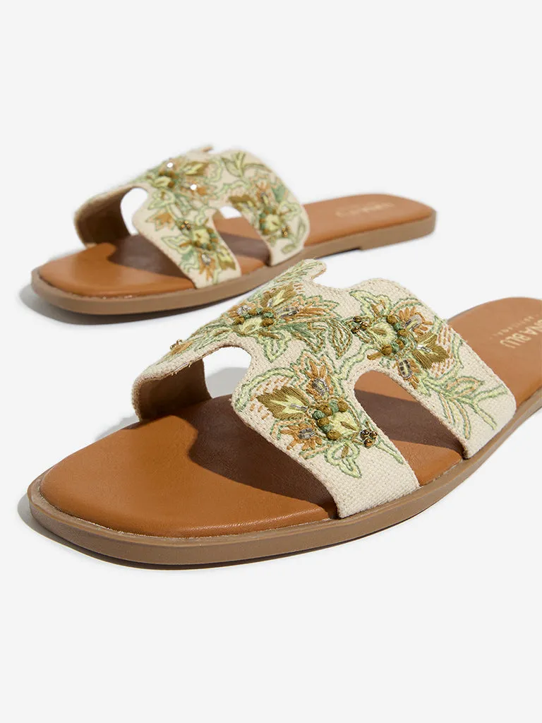 LUNA BLU Sage Floral Embroidered Slides