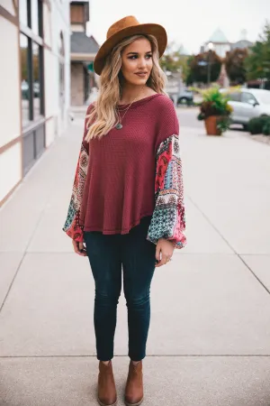 Mallory Patterned Bubble Sleeve Thermal Knit Top - Wine