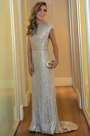 Mermaid Bateau Sweep Train Cap Sleeves Silver Sequined Backless Belt Prom Dress LR196