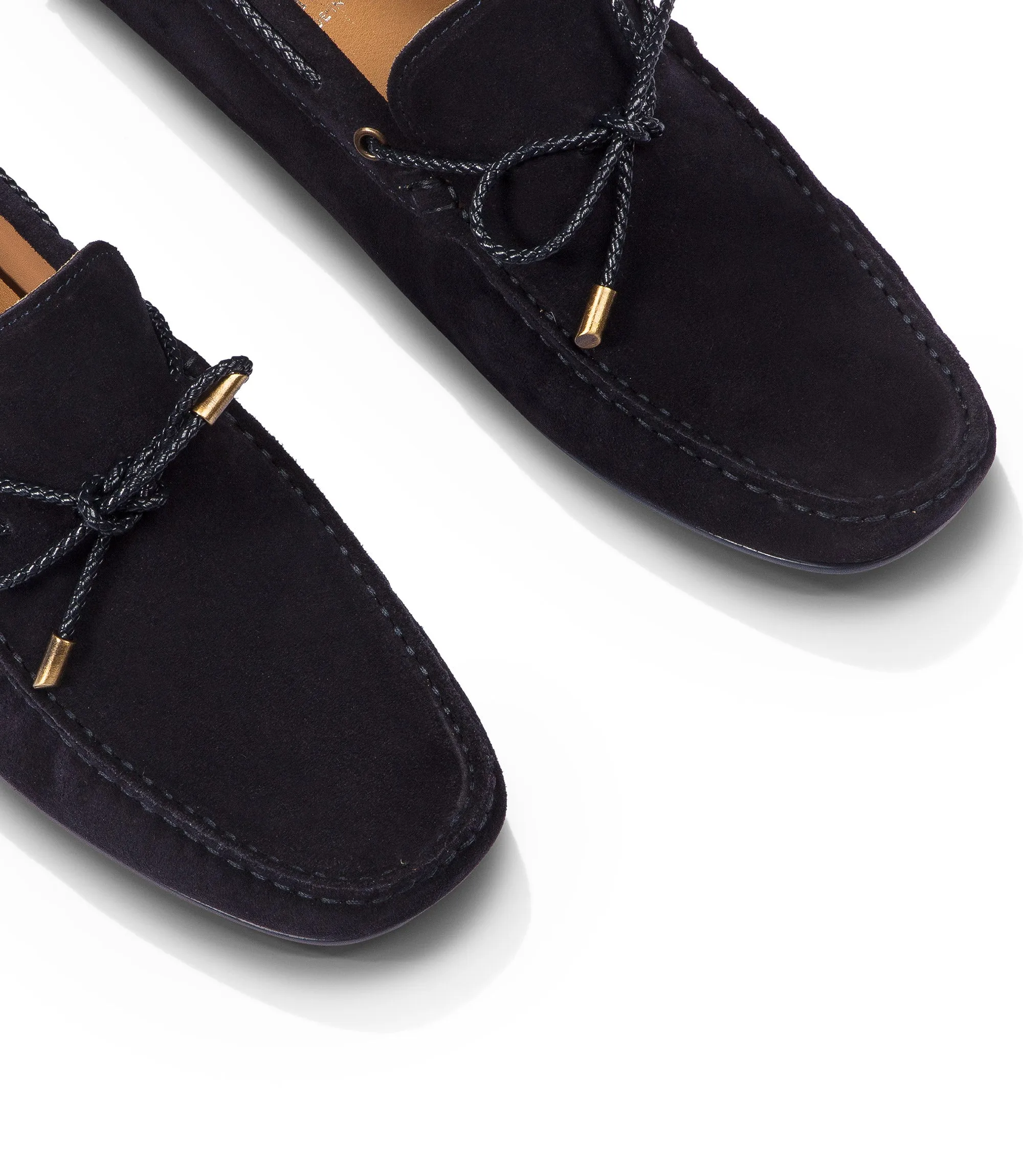 Navy blue suede boat loafers