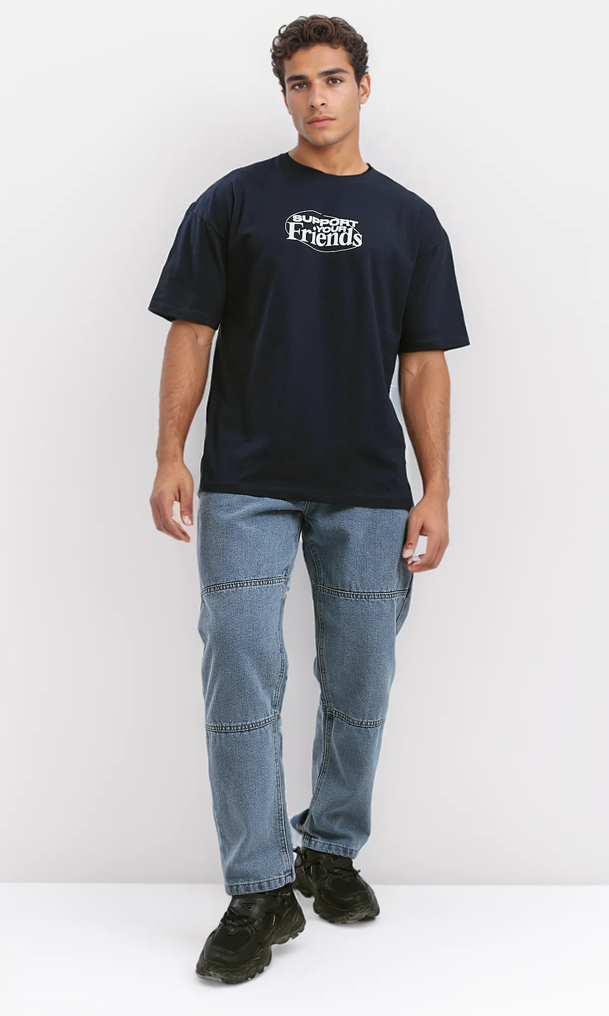 O182908 "Support Your Friends" Dark Navy Blue Cotton Tee