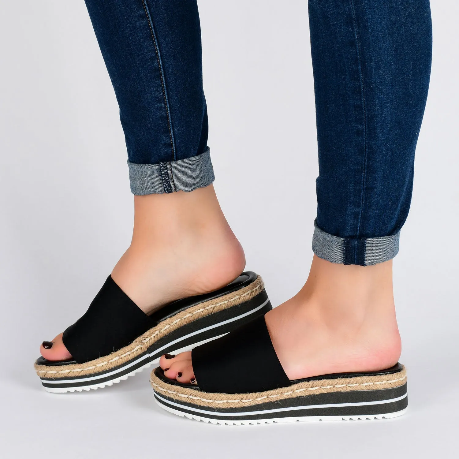 ROSEY ESPADRILLE WEDGE HEELED SLIDE SANDALS IN STATEMENT