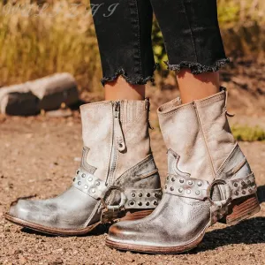 Silver White Riveted Booties
