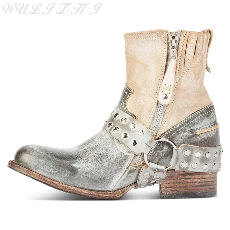 Silver White Riveted Booties
