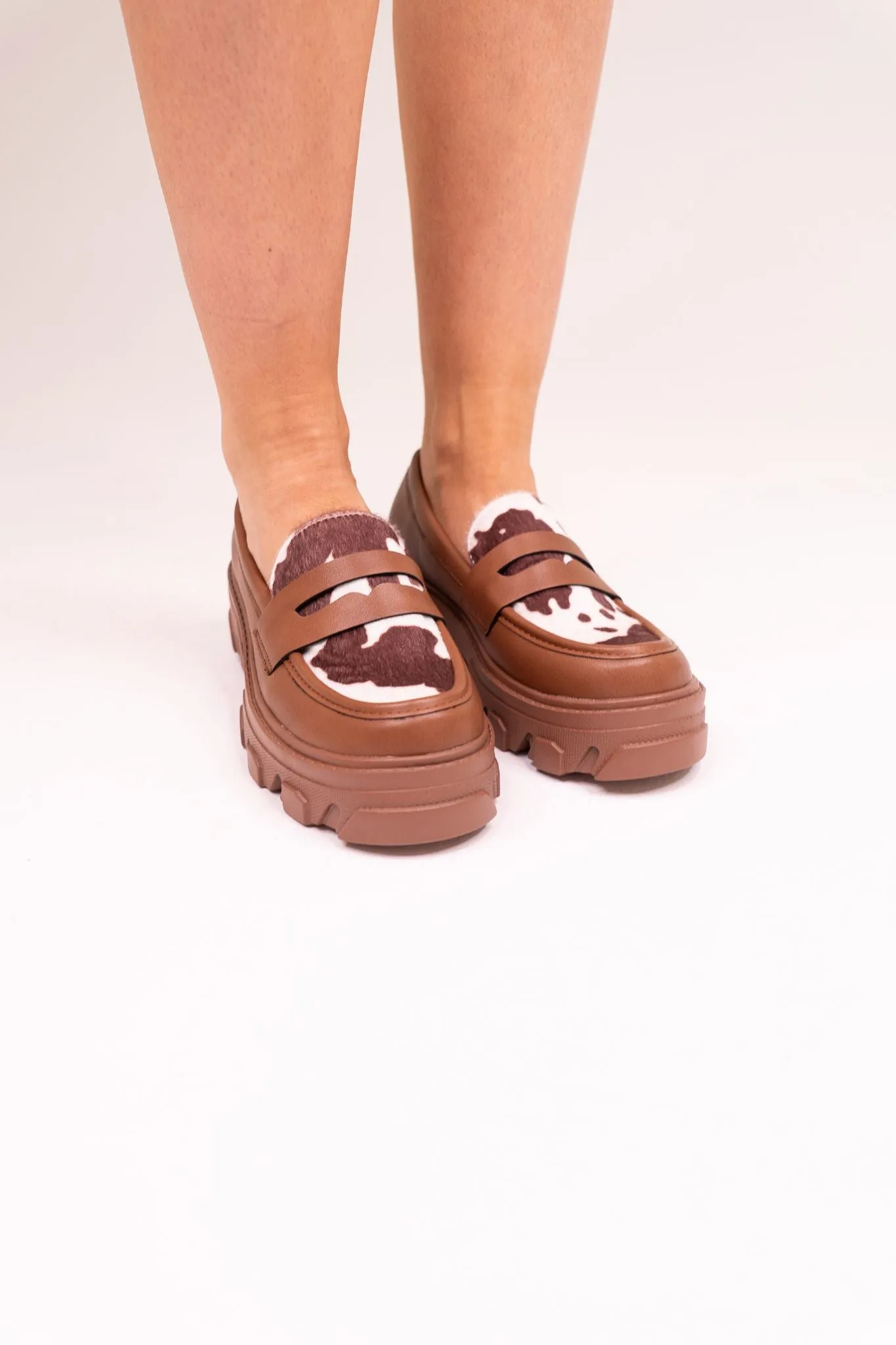 Winnie Cow Print Loafers In Chocolate
