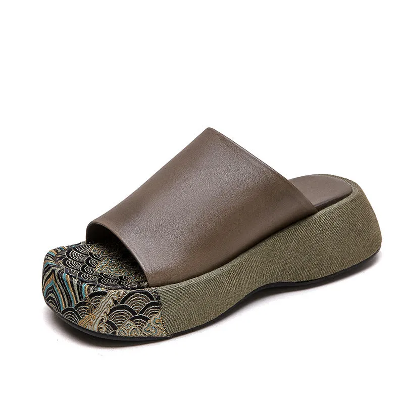 Women Retro Soft Leather Casual Thick Soled Slides