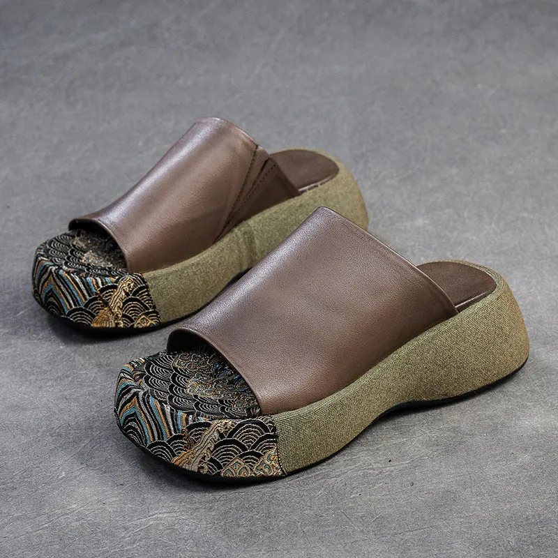 Women Retro Soft Leather Casual Thick Soled Slides
