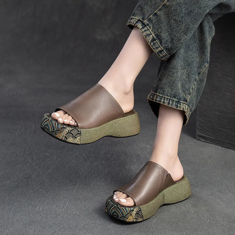 Women Retro Soft Leather Casual Thick Soled Slides