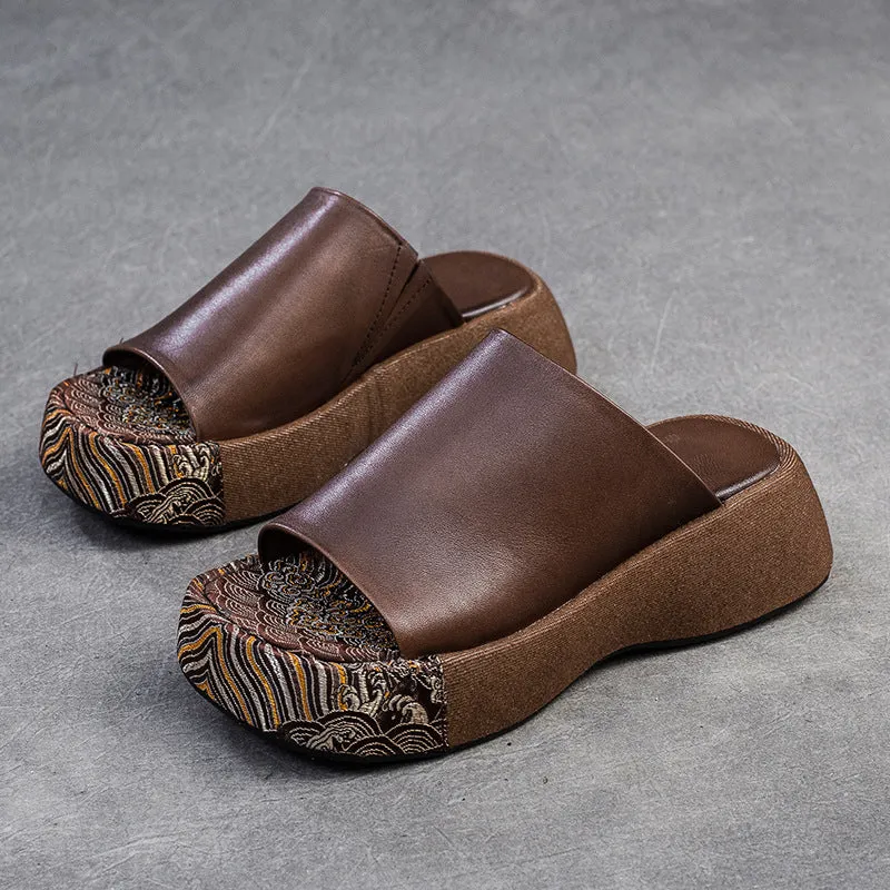 Women Retro Soft Leather Casual Thick Soled Slides