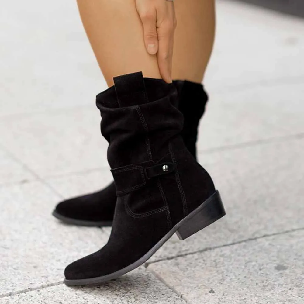 Women's Fashion Flat Heel Calf Boots Side Zipper Ankle Booties