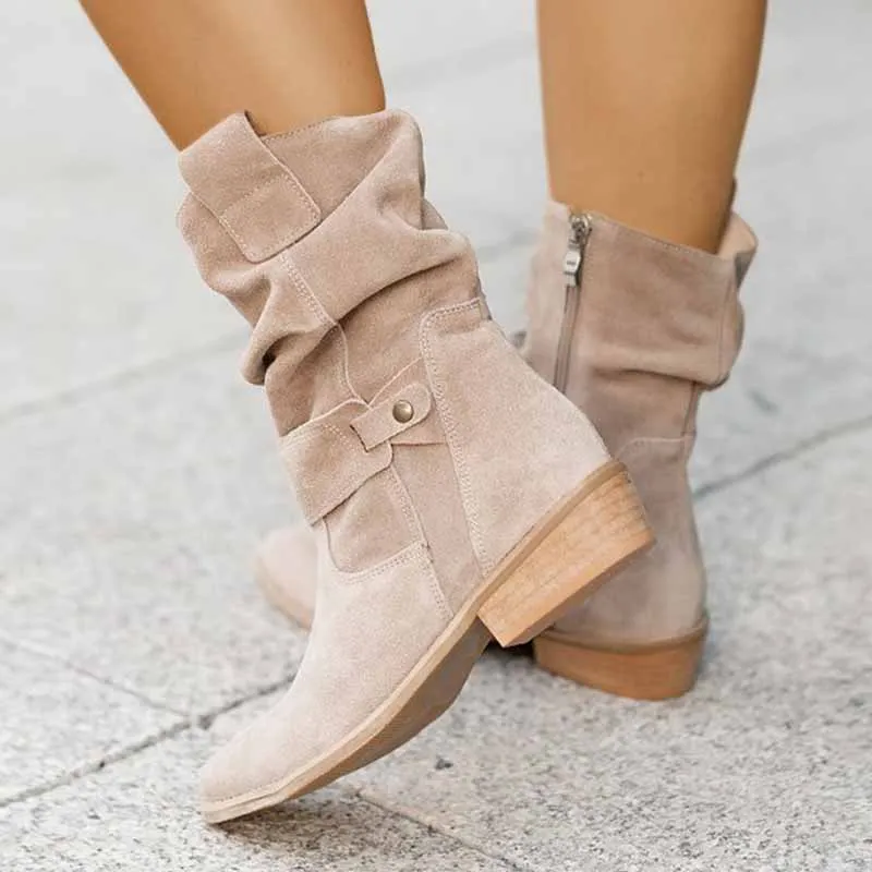 Women's Fashion Flat Heel Calf Boots Side Zipper Ankle Booties