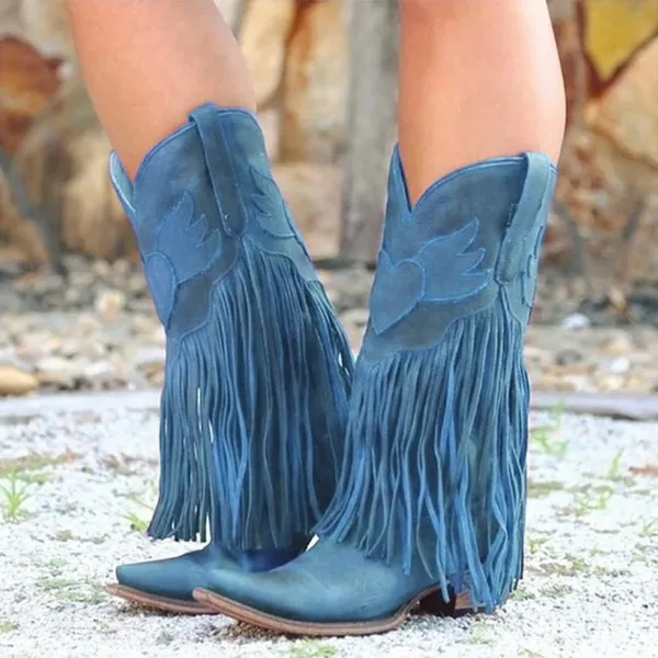 Women's Fringe Bootie Block Heel Western Mid calf Boots