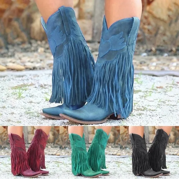 Women's Fringe Bootie Block Heel Western Mid calf Boots