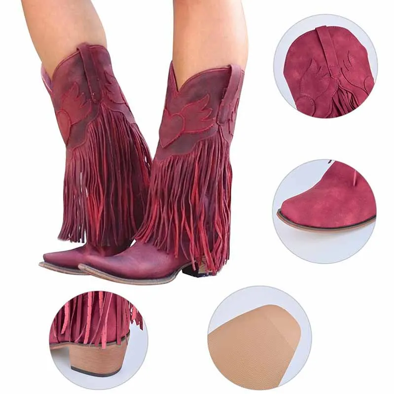 Women's Fringe Bootie Block Heel Western Mid calf Boots