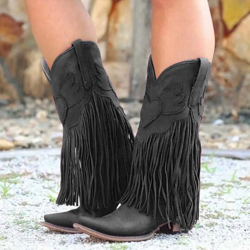 Women's Fringe Bootie Block Heel Western Mid calf Boots