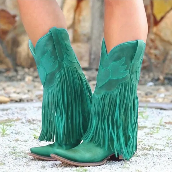 Women's Fringe Bootie Block Heel Western Mid calf Boots