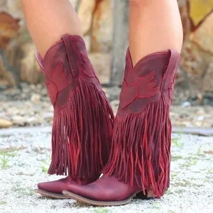 Women's Fringe Bootie Block Heel Western Mid calf Boots