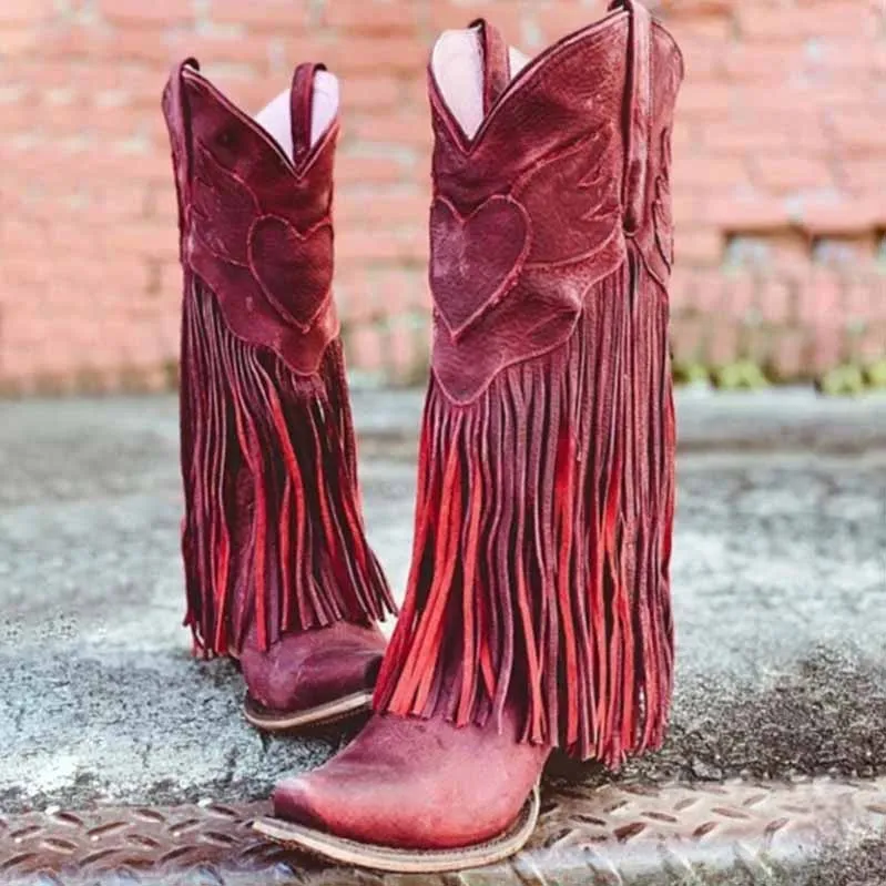 Women's Fringe Bootie Block Heel Western Mid calf Boots