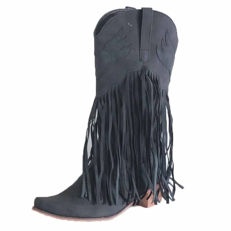 Women's Fringe Bootie Block Heel Western Mid calf Boots
