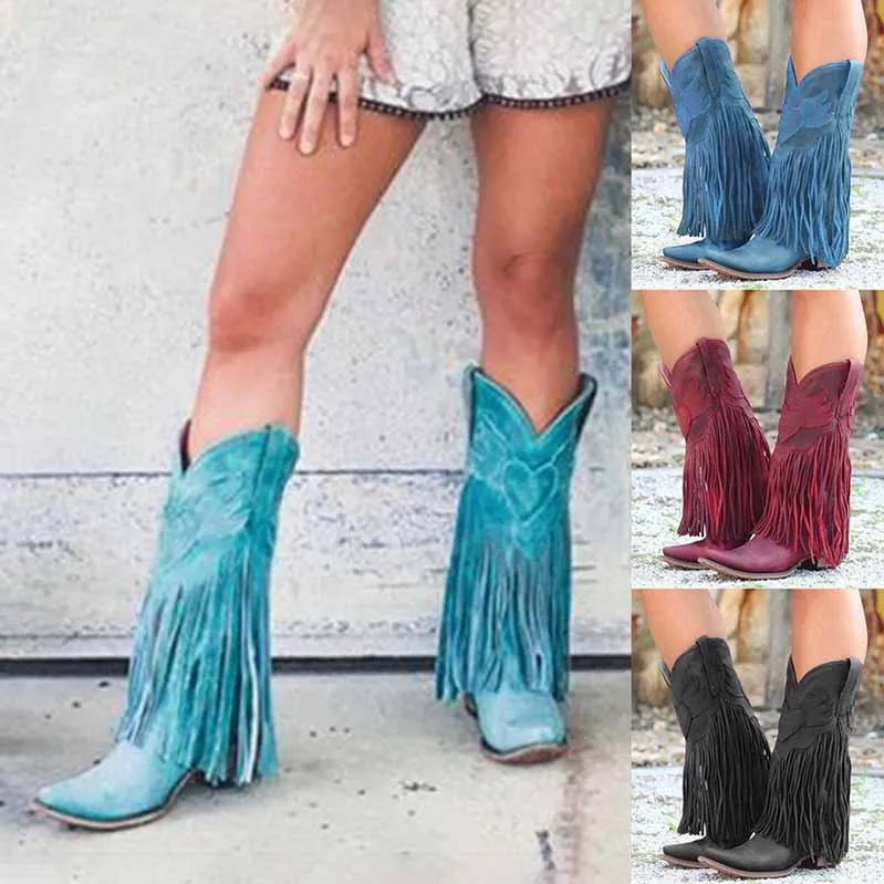 Women's Fringe Bootie Block Heel Western Mid calf Boots