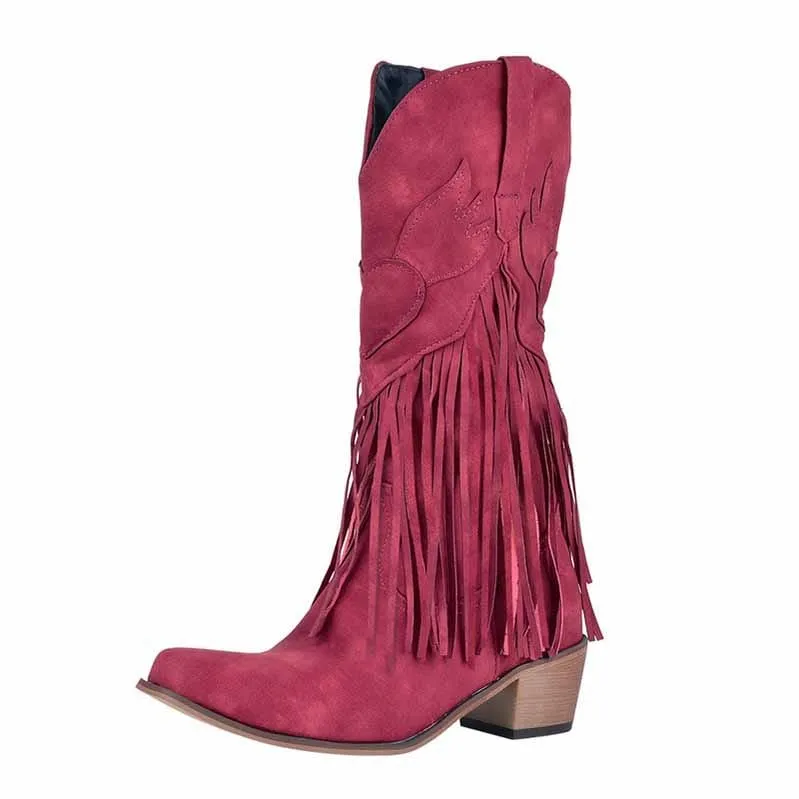 Women's Fringe Bootie Block Heel Western Mid calf Boots