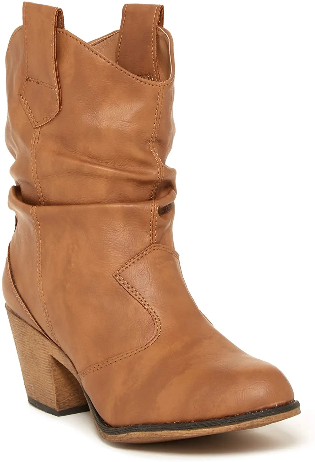 Women's Modern Western Cowboy Distressed Cognac Boot with Pull-Up Tabs